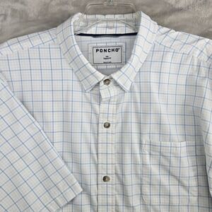 PONCHO Mens 3XL Regular Fit White Blue Plaid Short Sleeve Button Down Shirt